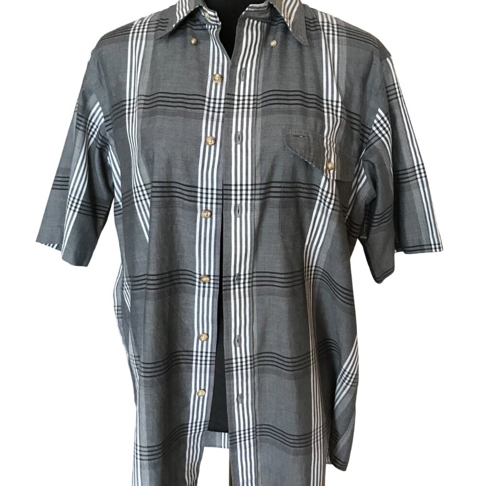 Roundtree & Yorke Striped Button-Down Shirt Vintage 80s Gray Black Plaid Size M